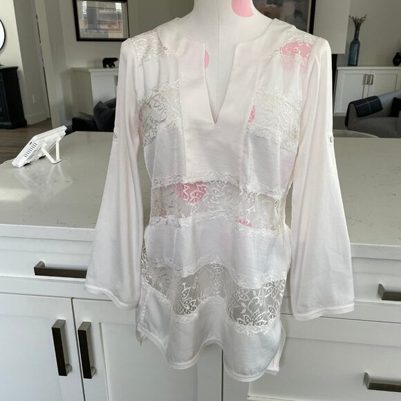 BCBGMaxAzria Erid Gardenia VNeck Lace Cover Up Adjustable Sleeve Cream Sz XS - Picture 3 of 16